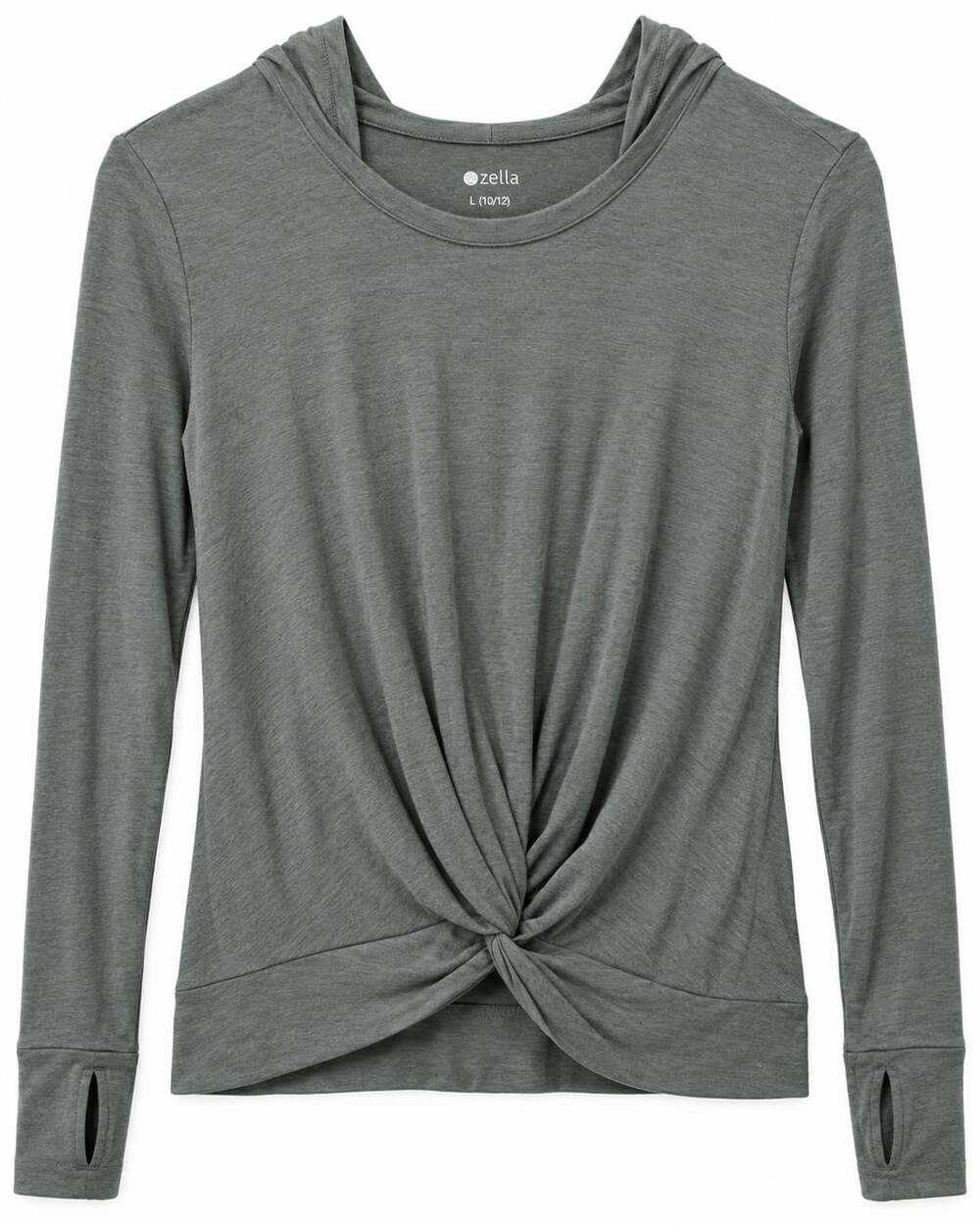 Zella Girls Long Sleeve Twist Front Hooded Top Size L 10/12 Gray Green Nordstrom